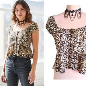 Love Tree Brown Leopard Print Peplum Smock Cropped Blouse Large NWOT